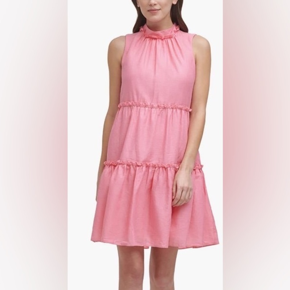 Vince Camuto Linen High Neck Ruffle Tier Dress, size 10